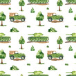 Watercolor seamless pattern with military equipment, tank, car, military transport, trees, bushes, military print on a white background