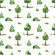 Watercolor seamless pattern with trees, bushes, grass, park texture, green print on a white background