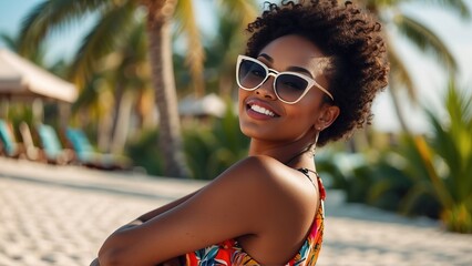 Attractive young black woman enjoying sunny vacation at tropical resort