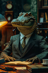 Poster - Crocodile dressed in suit and tie sits at desk with books behind him.