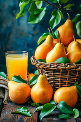 Sticker - Basket full of oranges with glass of orange juice next to it.