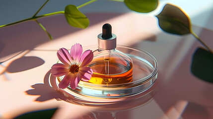 Wall Mural - Face serum, oil, beauty product and flower in Petri dish. Natural medicine, bio research concept,