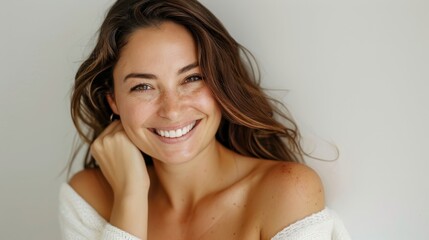 Wall Mural - White background with a beautiful smiling woman portrait