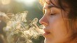A woman blowing smoke out of her mouth with a sun behind, AI