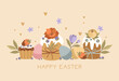 Easter card with Easter cakes, eggs and flowers. Festive greetings.