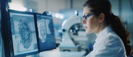 Sticker - Female Industrial Engineer Working on Computer. High Tech Facility with CNC Machinery. Beautiful and Confident Female Industrial Engineer Working on Computer.