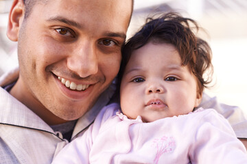 Wall Mural - Family, muslim dad and child in portrait for bonding, relationship and smile together. Islam, happy people and father with newborn infant or baby for childcare, affection and support with happiness