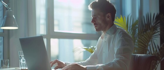 Poster - The image depicts a busy young businessman using a laptop computer in a modern office. The manager is thinking about successful financial ideas. The man is smiling as he solves a problem for his