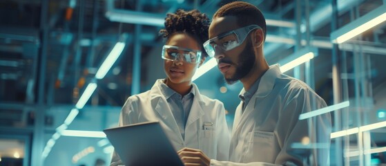 Leinwandbilder - A creative young female and male engineer using a laptop computer to analyze and discuss artificial intelligence software in a high tech office.