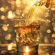 Liquid gold pouring into a glass, backlit with a golden sunset, luxury drink low texture