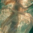 Glimmering fabric flows around a model in a sunlit underwater scene, ethereal elegance low texture