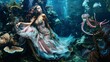 Fashion from the deep models posing with exotic sea creatures, fantasy underwater world low noise