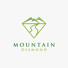 Wall Mural - Natural diamond logo icon, mountain and river landscape logo icon vector template on white background