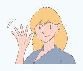 Happy woman waving hand, saying hi, greeting gesture. Hand drawn flat cartoon character vector illustration.