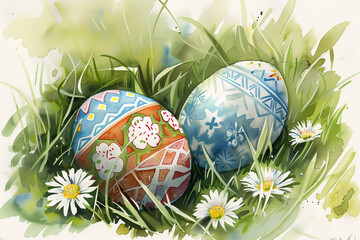 Watercolor illustration of intricately painted Easter eggs nestled in spring grass with daisies.