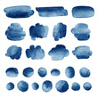 Dark blue, navy watercolor vector elements set. Aquarelle brush strokes, smudges, gradient smears, oval watercolour shapes, doodle circles, paint spots, dots, round stains. Backgrounds collection
