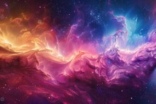 Abstract Illustration, Colorful Space Galaxy Cloud Nebula. Stary Night Cosmos. Universe Science Astronomy. Supernova Background Wallpaper. Contrasting Heaven And Hell Concept Art
