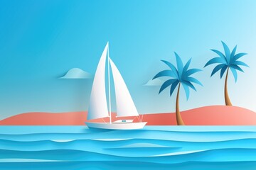 Wall Mural - sailboat in tropical seascape paper art illustration