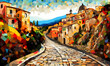 stylized digital painting of rural Italy, town kaleidoscope cobblestone vivid colors panorama rural vector