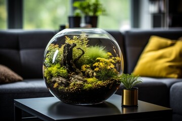 Wall Mural - Minimalistic living room interior featuring a planted fish bowl vivarium, creating a serene ambiance