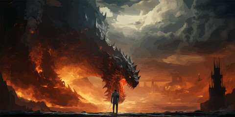 Wall Mural - A man stands in front of a large dragon