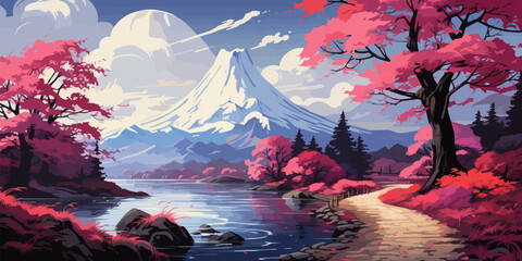 Wall Mural - a lakeside walkway with beautiful mountain scenery in the background in anime style vector flat bright colors