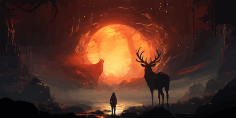 Wall Mural - the man with a magic lantern facing the giant deer in a mysterious valley, digital art style, illustration painting