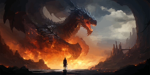 Wall Mural - knight with the light sword standing near the giant fire dragon, digital art style, illustration painting