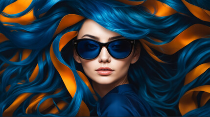 Poster - A woman with long blue hair and orange hair tie is wearing sunglasses. The image has a bright and cheerful mood, with the blue and orange colors creating a vibrant and eye-catching contrast