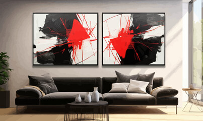 Sticker - contemporary modern abstract paintings in red and black, acrylic art illustration vector