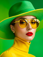 Poster - A woman wearing a green hat and yellow shirt poses for a photo