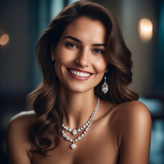 Poster - A woman with long hair is smiling and wearing a necklace and earrings. The necklace is made of diamonds and has a diamond pendant. The earrings are also made of diamonds and are dangling from her ears