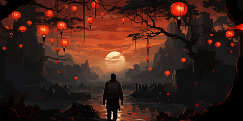 Wall Mural - man standing on a rock in the world without gravity, digital art style, illustration painting