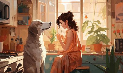 Wall Mural - Woman in kitchen with dog pet illustration background