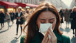 Woman Sneezing on Busy Street, Allergy or Flu Symptoms