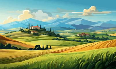 Canvas Print - Landscape in Tuscany illustration, Italian landscapes, panoramic countryside farmland vector illustration