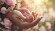 Close up parent hands holding a baby newborn blur background. AI generated image