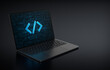 Laptop device in the left side positioned diagonally with Digital code icon in screen on a dark background. Realistic rendering.