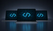 Laptop devices with Digital code icon on their screens on a dark background. Realistic rendering.