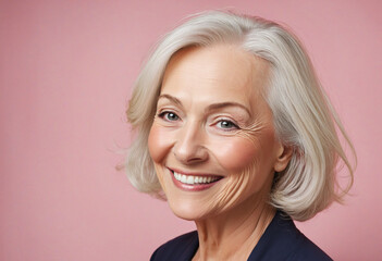 Wall Mural - Close up portrait of beautiful older woman smiling and standing by pink wall.  colorful background