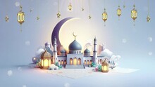 Ramadan Kareem Celebration Banner. Eid Mubarak Islamic Mosque With Half Crescent Moon, Star, And Lantern. Animated Islamic Ramadan Background