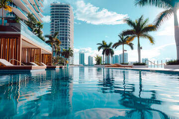 Wall Mural - Miami swimming pool and city background