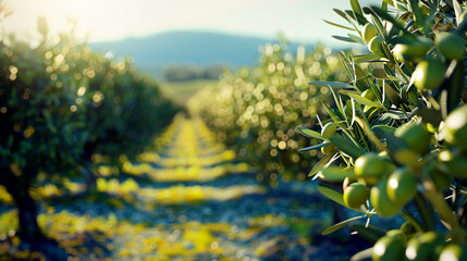 Green olive tree in a large field ready for harvest
