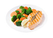 plate of grilled salmon fillet and vegetables isolated on transparent background