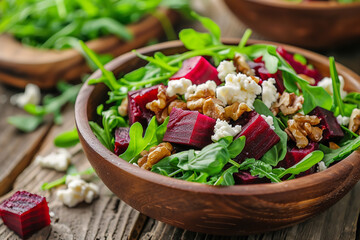 Canvas Print - Beet and Goat Cheese Poke Bowl with Arugula and Walnuts 