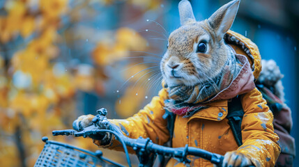 Wall Mural - A cute bunny rides a bike