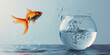 A goldfish jumps from one fishbowl to another, symbolizing the idea of breaking free from old approaches and trying something new. improvement concept personal growth through technological change