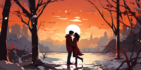 Wall Mural - A couple is kissing in front of a sunset