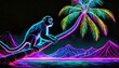 Neonowy rysunek z małpą na gałęzi palmy