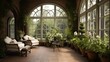 English-inspired conservatory with arched windows, brick floors, and lush greenery